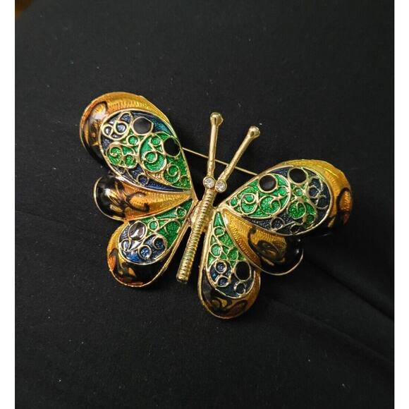 Unbranded Jewelry - Gorgeous Gold Tone Pierced Butterfly Pin Rhinestones & Enamel Gold Gems